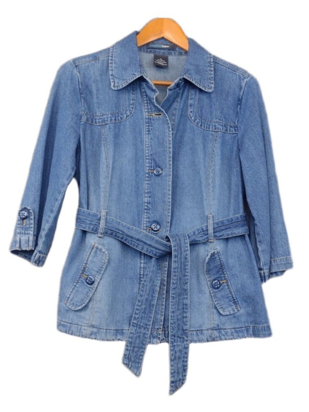 Y2K French Cuff Denim Jacket Women’s Medium 100% Cotton Belted 3/4 Sleeve